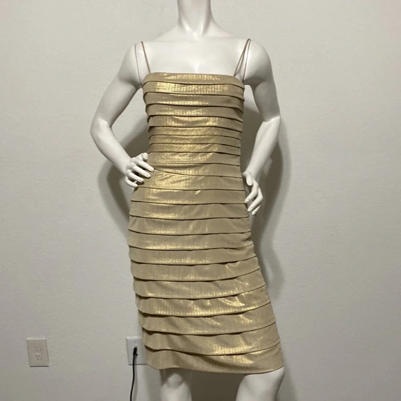 Anne Klein Gold Tiered Sleeveless Bodycon Dress Size 2 - Picture 1 of 6